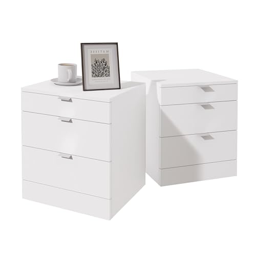 Garvis Nachttisch 2er Set, schmal, Beistelltisch mit 3 Schubladen Nachtschrank Schlichter Beistelltisch für Schlafzimmer, Wohnzimmer (Weiß) von Garvishk