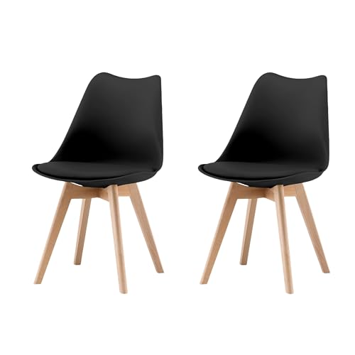 Garvis Esszimmerstühle 2er Set mit Massivholz Beinen Sitzpolster aus Kunstleder Gepolsterter Stuhl Küchenstuhl Holz für Schlafzimmer, Wohnzimmer (Schwarz) von Garvishk