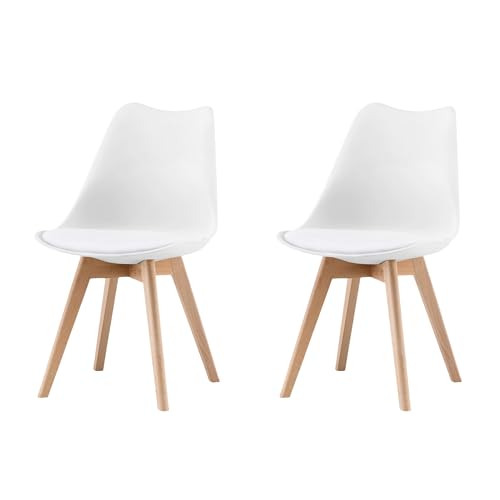 Garvis Esszimmerstühle 2er Set mit Massivholz Beinen Sitzpolster aus Kunstleder Gepolsterter Stuhl Küchenstuhl Holz für Schlafzimmer, Wohnzimmer (Weiß) von Garvishk