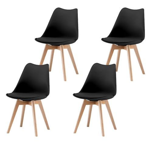Garvis Esszimmerstühle 4er Set mit Massivholz Beinen Sitzpolster aus Kunstleder Gepolsterter Stuhl Küchenstuhl Holz für Schlafzimmer, Wohnzimmer (Schwarz) von Garvishk