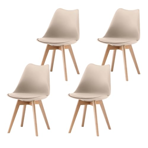 Garvis Esszimmerstühle 4er Set mit Massivholz Beinen Sitzpolster aus Kunstleder Gepolsterter Stuhl Küchenstuhl Holz für Schlafzimmer, Wohnzimmer (Creme) von Garvishk