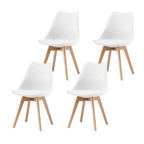 Garvis Esszimmerstühle 4er Set mit Massivholz Beinen Sitzpolster aus Kunstleder Gepolsterter Stuhl Küchenstuhl Holz für Schlafzimmer, Wohnzimmer (Weiß) von Garvishk