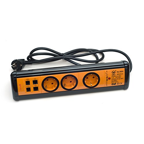 Garza 420013 Power Schuko RJ11-Anschlüssen + 2 RJ45-Anschlüssen und 2 USB-Ports Mehrfachsteckdose mit 3 Steckdosen, orange/schwarz, 3 Tomas von Garza