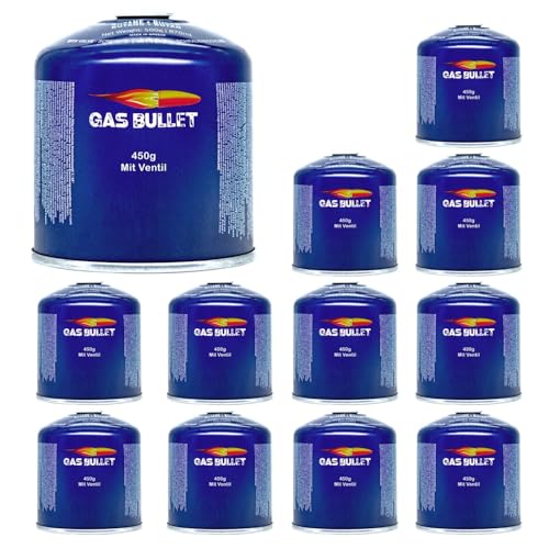 Gas Bullet ® Schraubkartusche 450g passend für Gaskocher, Gasgrills und alle Geräte mit 7/16“ Gewinde | Propan/Butan | Ideal für Camping/Outdoor/Notfälle (12 Kartuschen) von Gas Bullet