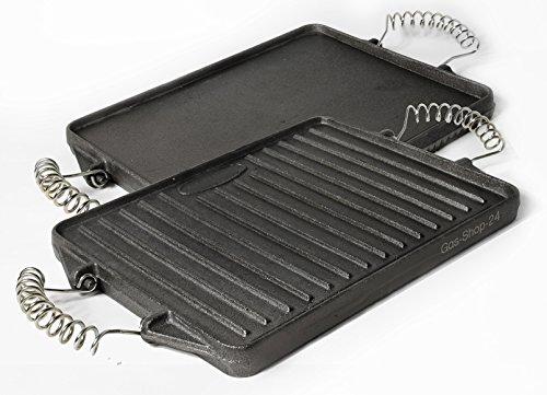 21 x 27 cm Grillplatte aus Gusseisen mit abnehmbaren Federstahlgriffen (geeignet für Gasgrill, Backofen, Gasherd, Campingkocher, Gaskocher) -Gussgrillplatte von Gas-Shop-24