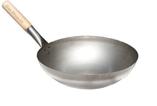 33 cm Stahl Asia-Wokpfanne mit Holzgriff (geeignet für Hockerkocher, Asia Kocher, Gastrokocher, Gasherd, Wokbrenner) von Gas-Shop-24