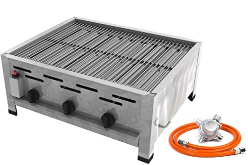 Gastro Edelstahl Gasbräter 3 flammig 10,8 KW mit Grillrost f. Propangas + Gasschlauch Gewerberegler mit SBS (Gastronomie - Wurstbräter, Gasgrill Gastrokocher, Bräter, Grill) von Gas-Shop-24