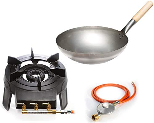 Wokbrenner Set/Gaskocher 9,2 KW mit Gasschlauch + Druckminderer + 33 cm Stahl Asia-Wokpfanne mit Holzgriff (Gusseisen Hockerkocher, Asia Kocher, Gastrokocher, Gasherd, Campingkocher für Wok) von Gas-Shop-24