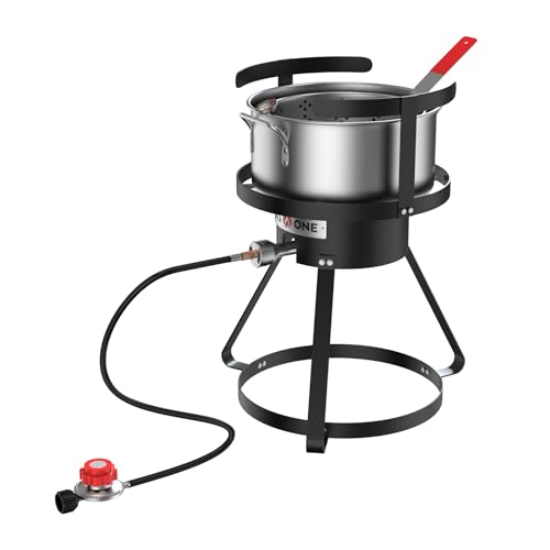 Gas One Propan-Fritteuse mit 10 Qt Fritteusentopf, hochwertiger Siebkorb, Aluminium-Topf für Hühnerflügel, Meeresfrüchte-Topf, Propanbrenner zum Kochen im Freien, inklusive Thermometer von GasOne