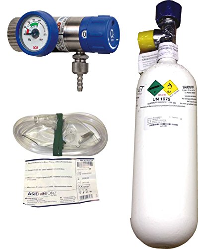 1 Liter Sauerstoffflasche gefüllt, mit Druckminderer Rescue 25, regelbar 1-25 l/min von GasTech