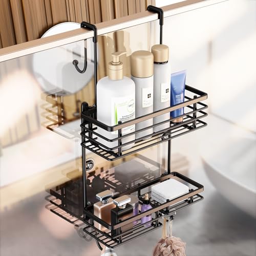 Gaseawolf Hängender Organizer für Duschtür, mit 2-stöckigem Regal und Haken, hält Duschgel, Shampoo, Seife, Rasierer, Handtuch von Gaseawolf