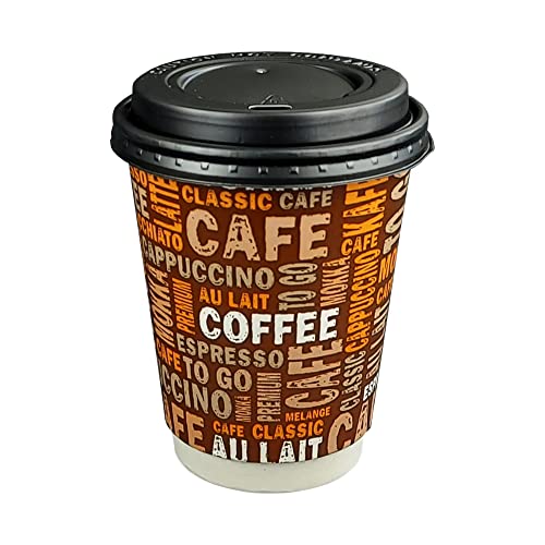 Gastro-Bedarf-Gutheil 25 Doppelwandbecher Pappbecher 300ml mit Schwarzen Deckel Coffee to Go für Heißgetränke, Kaffee, Tee, Glühwein oder Kalte Getränke von Gastro-Bedarf-Gutheil