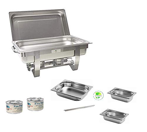 Gastro-Bedarf-Gutheil Chafing Dish Edelstahl, bestehend aus: 1 Gestell mit Deckelhalterung, 1 Wasserbecken 3 Speisebehälter 2 x GN 1/4 - Tiefe 65 mm + GN 1/2 - Tiefe 65 mm + 2 x Brennpaste von Gastro-Bedarf-Gutheil