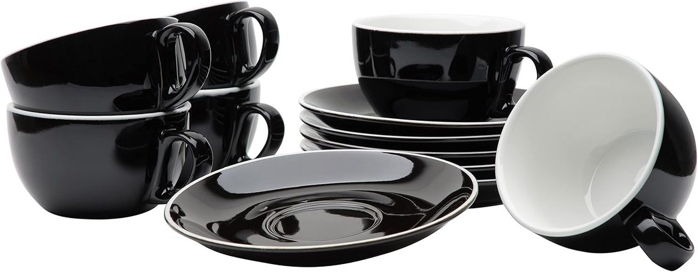 Gastro Spirit Kaffeeservice Milchkaffee Tassen Set mit Untertassen 350 ml, schwarz, Porzellan, 6 von Gastro Spirit
