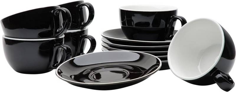 Gastro Spirit Kaffeeservice Milchkaffee Tassen Set mit Untertassen 350 ml, schwarz, Porzellan, 6 von Gastro Spirit