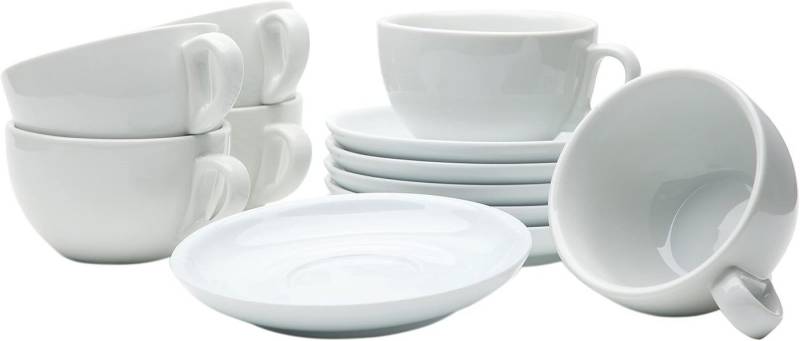 Gastro Spirit Kaffeeservice Milchkaffee Tassen Set mit Untertassen 350 ml, weiß, Porzellan, 6 von Gastro Spirit