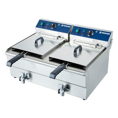 GastroHero Elektro-Doppel-Fritteuse ECO 2x13 Liter | 2x 5000W | Edelstahl | mit 2 Frittierkörben und Ablasshahn | Thermostat | Profi Fritteuse für Gastronomie und Imbiss von GastroHero