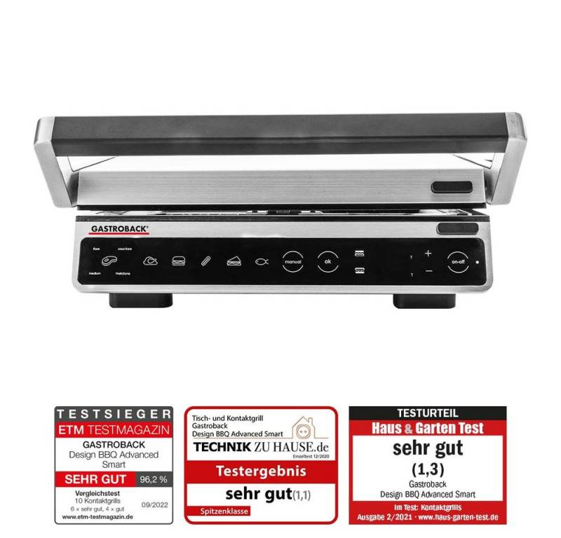 Gastroback Kontaktgrill 42542 Kontaktgrill Design BBQ Advanced Smart, 2000,00 W, 4 Garstufen im Steak-Programm, 6 voreingestellten Grillprogramme von Gastroback