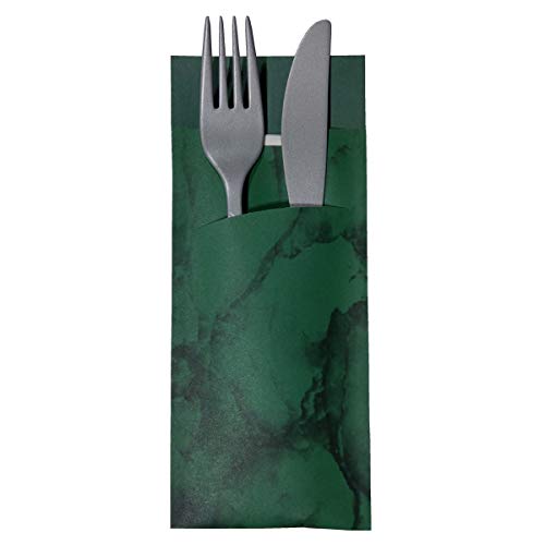 30 Bestecktaschen mit Serviette dunkelgrün marmoriert 20 cm von Gastropapier