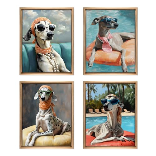 Gatheroad Wandkunst-Set mit 4 Haustier-Hunden, ungerahmt, lustige Brille, Motiv: Urlaubshunde, trendiges Tierbadezimmer, ästhetische Dekoration für Wohnzimmer und Zuhause von Gatheroad