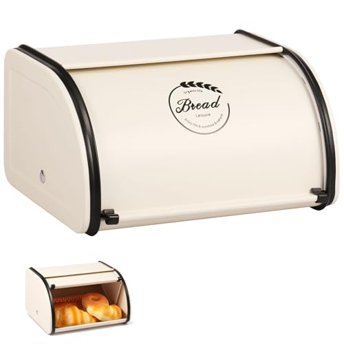 Gatphy Brotkasten Metall Emaille 23x21x14cm mit Rolldeckel, Brotaufbewahrungsbox Design Rustikaler, Brotbox Küche Bäckerei zur Langfristigen Lagerung von Brot und Keksen (Linie Weiß) von Gatphy