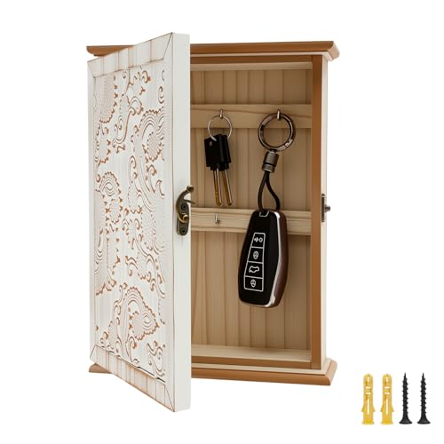 Gatphy Schlüsselkasten Holz Modern Schlüsselbrett Weiß Reliefmuster 6 Schlüsselhaken Schlüssel Kasten Wand Retro-Stil Hängende Schlüssel, Schmuck für Eingänge Flure Wanddekoration von Gatphy