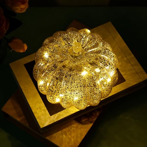 Herbstdeko Kürbis LED Halloween Glas Deko Outdoor Kürbis Leuchtend Herbstdeko Tisch Timer 6 Stunden, 3AAA (Nicht Enthalten) für Halloween Thanksgiving Herbstliche Hochzeiten Atmosphäre (Silber) von Gatphy