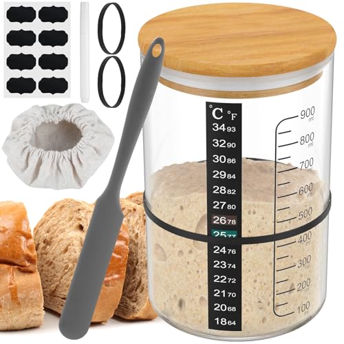 Sauerteig Starter Set 9Pcs Sauerteig Starter Set mit Glas Holzabdeckung Gummibänder Silikonspatel Thermometerpapier Stoffhut Sauerteig Starter Glas Set für Brot Desserts von Gatphy