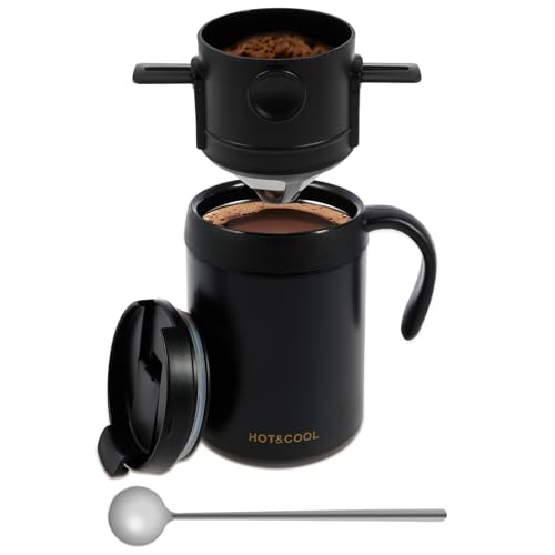 Thermal Mug Kaffee mit Deckel Filtertrichter Löffel Weite Trinköffnung Klappdeckel Kaffeezubereitung für Reisen Camping Picknick Büro von Gatphy