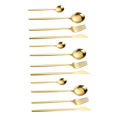 Gatuida 12 Stück Teiliges Edelstahl Besteckset Goldfarben mit Messer Gabel Löffel Rostfrei Robust Scharfes Steakbesteck für Haushalt und Restaurant Spülmaschinenfest Langlebig und Sicher von Gatuida