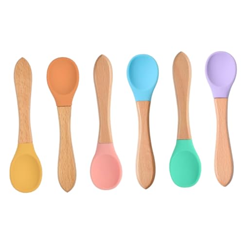 Gatuida 6 Stück Teiliges Silikonlöffel mit Handgefertigten Holzgriffen Flexible und Hitzebeständige Babylöffel zum Füttern und Rühren von Brei Geeignet für Junge Mädchen und Mütter bei von Gatuida