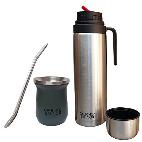 Gaucho Bruno – Thermo-Mate aus Edelstahl zum Trinken von Yerba Mate, Bombilla-Strohhalm und 1-Liter-Flasche mit Ausgießer, angenehm zu halten | Hält die Getränketemperatur aufrecht. von Gaucho Bruno