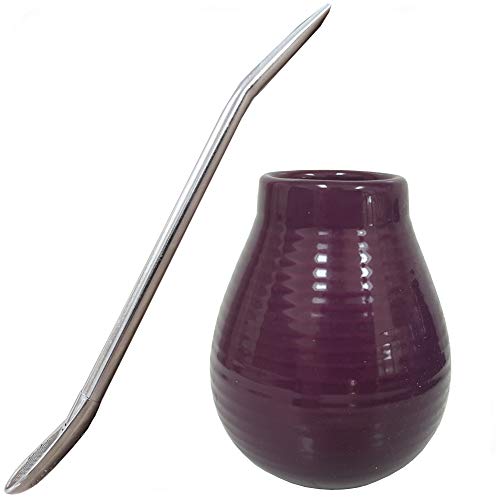 Gaucho Bruno Yerba Mate Keramiktasse mit Edelstahl Bombilla Trinkhalm - Wiederverwendbar, rutschfester Griff und einfache Reinigung - Dunkelbraune Kürbis-Tasse - 400ml - Lila von Gaucho Bruno