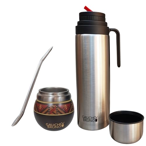Mate aus Edelstahl zum Yerba Mate | Hält die Getränketemperatur aufrecht | Entwickelt, um wie ein natürlicher Kürbis auszusehen | Mit Bombilla und 1-Liter-Flasche mit Präzisionsausgießer Pico Cebador von Gaucho Bruno