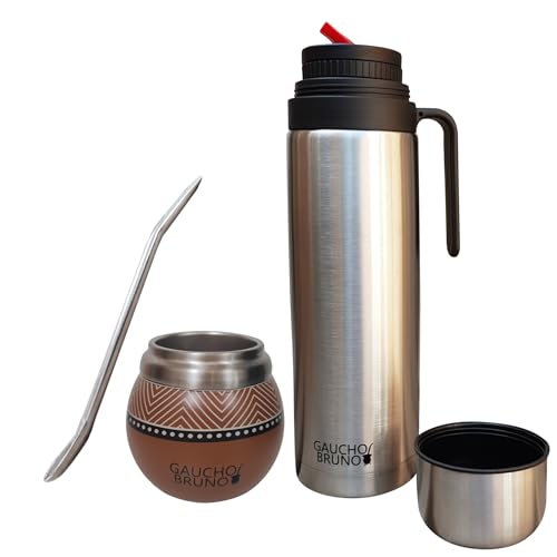 Mate aus Edelstahl zum Yerba Mate | Hält die Getränketemperatur aufrecht | Entwickelt, um wie ein natürlicher Kürbis auszusehen | Mit Bombilla und 1-Liter-Flasche mit Präzisionsausgießer Pico Cebador von Gaucho Bruno