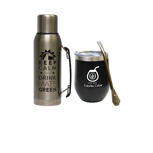 GAUCHO CEBAR Accessories for Yerba Mate-Tee Set | Thermoskanne Edelstahl 1L Silver und Stahl Mate Tee becher 350ml | Trinkhalm Bombilla Liza 19cm, Dishwasher Safe and Durable von Gaucho Cebar