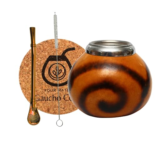 Gaucho Cebar Set Natürlichem Kalebassen für Yerba Mate-Tee | Kürbis Tasse und Edelstahl Trinkhalm Bombilla Straw | Accessories - korkpad und bürste von Gaucho Cebar