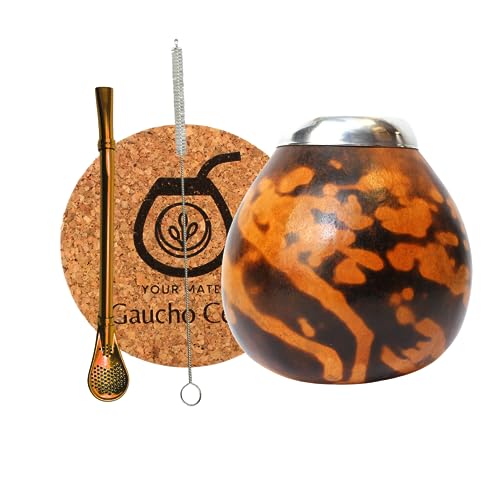 Gaucho Cebar set Natürlichem Kalebassen MISTERIO für Yerba Mate-Tee | Kürbis Tasse und Edelstahl Trinkhalm Bombilla Straw | Accessories - korkpad und bürste von Gaucho Cebar