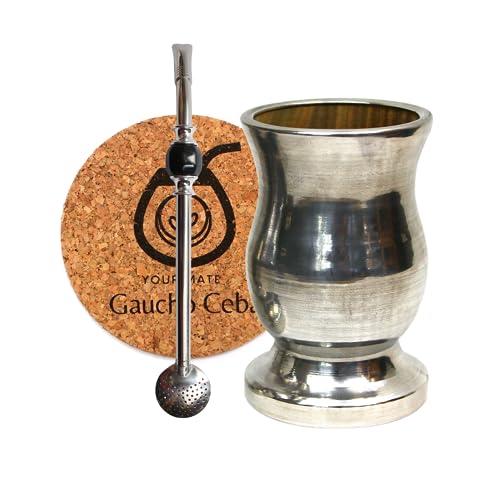 Mate-Tee Accessories Set mit Palo Santo und Bombilla | Handgefertigt mate-tee tasse Palo Santo vollständig Metall verkleidet mate Tee Mug | Edelstahl-Strohhalm Bombilla Bola Schwarz für Mate Tee 21cm von Gaucho Cebar