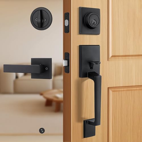 Gaurqiah Türgriff-Set für Vordertür: Zinklegierung, Türschloss-Set mit umkehrbarem Hebel, verstellbarer 60/70 mm Riegel, passend für Türen von 3,5 cm bis 4,5 cm, mattschwarzes Außengriff-Set, einfache von Gaurqiah