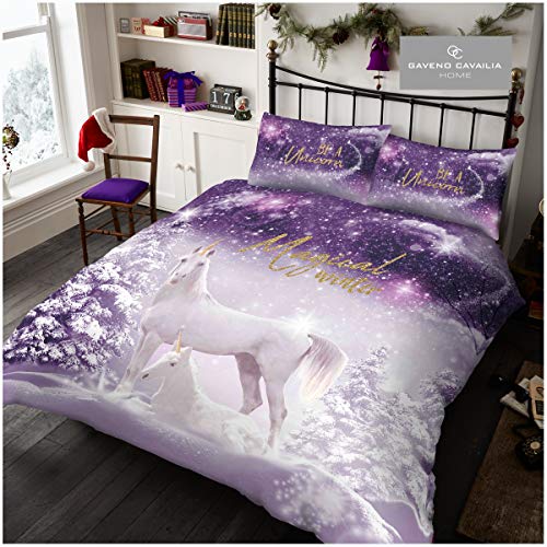 Gaveno Cavailia Luxuriöse Qualität Xmas Be A Unicorn Weihnachts-Bettbezug, Premium weich und gemütlich, glänzend, Bettwäsche-Set, King Size, lila, Polyester, violett, Doppelbett von GC GAVENO CAVAILIA