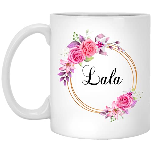 Lala Flower Kaffeetasse Geschenk zum Muttertag – Lala rosa Blumen auf goldenem Rahmen – New Lala Tasse Blume – Geburtstagsgeschenk für Lala – Lala Kaffeetasse 325 ml von GavinsDesigns