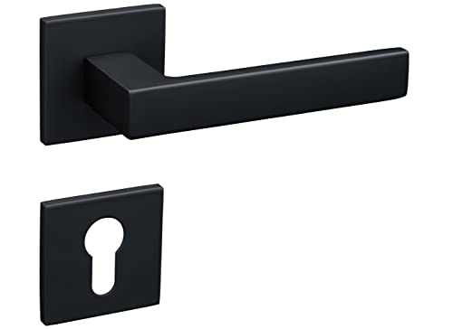 Gavroche Türgriffe Schwarz Matt Set PZ Profilzylinder | Türklinken für Innentüren | Drückergarnitur für Zimmertür mit eckiger Rosettengarnitur aus Aluminium Türbeschlag in L-Form von Gavroche