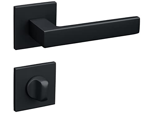 Gavroche Türgriffe Schwarz Matt Set WC/Bad | Türklinken für Innentüren | Drückergarnitur für Zimmertür mit eckiger Rosettengarnitur aus Aluminium Türbeschlag in L-Form von Gavroche