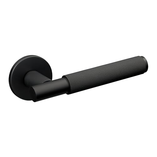 Gavroche Türgriffe Schwarz Matt Set | Türklinken für Innentüren | Drückergarnitur für Zimmertür mit runder Rosettengarnitur aus Aluminium Türbeschlag in L-Form und strukturierter Oberfläche von Gavroche