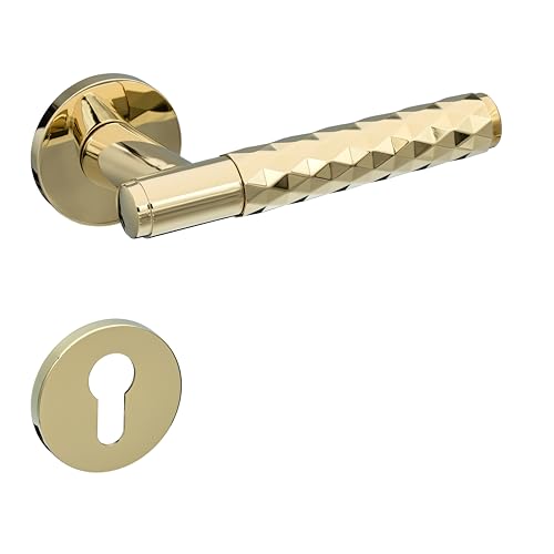 Gavroche Türgriffe Set PZ Profilzylinder | Türklinken Innentüren in Gold Optik | Drückergarnitur Zimmertür mit eckiger Rosettengarnitur aus Zink | Türbeschlag in L-Form & strukturierter Oberfläche von Gavroche