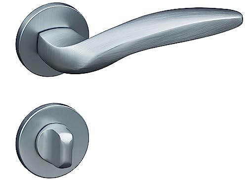 Gavroche Türgriffe Set WC Bad | Türklinken für Innentüren in Silber Matt Chrom | Drückergarnitur für Zimmertür mit runder Rosettengarnitur aus Aluminium | Türbeschlag in L-Form von Gavroche