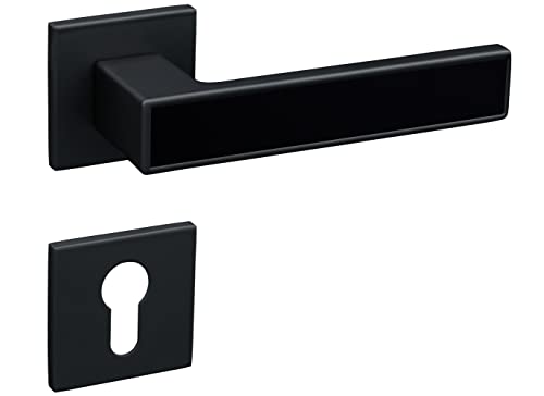 Matte schwarze Türgriffe quadratische Basis dünne Rosette Türbeschlag Türgriffe modern Innentürgriffe Türklinken (PZ Profilzylinder, Mattschwarz, Produktabmessungen: 14L x 5,2B cm) von Gavroche