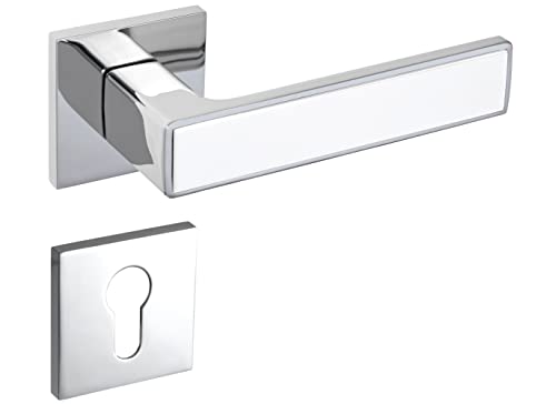 Gavroche Türgriffe Set PZ Profilzylinder | Türklinken für Innentüren in Silber Chrom und Weiß | Drückergarnitur für Zimmertür mit eckiger Rosettengarnitur aus Zink | Türbeschlag in L-Form von Gavroche