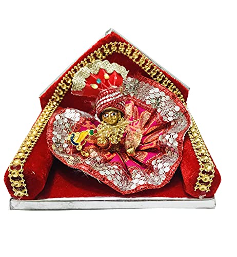 Ladoo Gopal oder Bal Gopal Red Gaddi Lord Krishna Aashan mit Laddo Gopal Krishna Janmashtami Stoffschaukel für Zuhause Tempel Mandir Home Showpiece – (L x H) (12,7 x 10,7 cm) von Gavya International